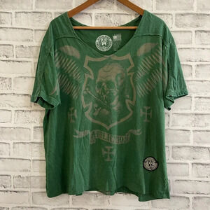 Women’s Affliction American Customs green v-neck skull graphic t-shirt, Size XL